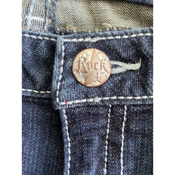 Rock 47 By Wrangler Capri Jeans Distressed Blue Dark Wash Stretch Zip Fly 11 - Picture 6 of 9